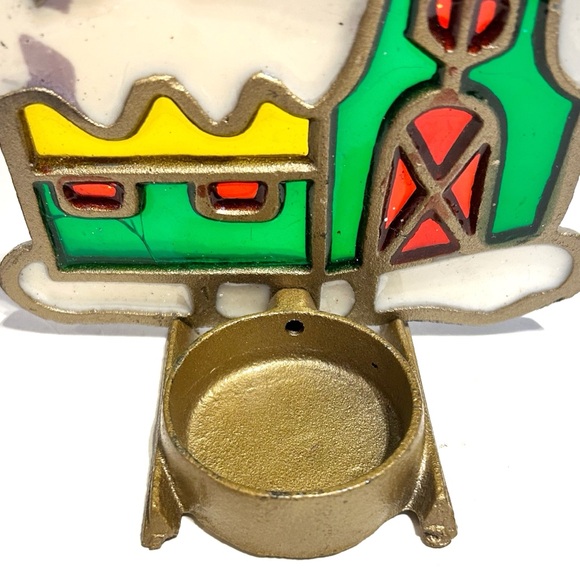 Vintage Holiday Christmas Stained Glass Tea Light Candle Holder House Cottage - Picture 5 of 11